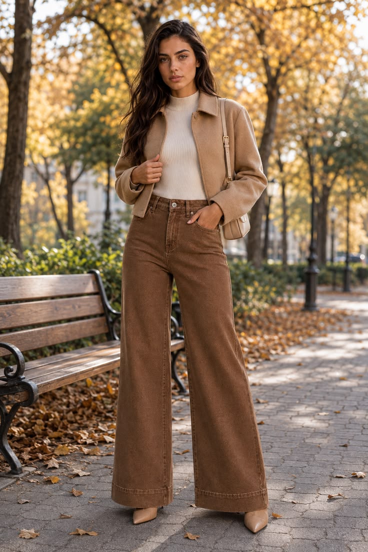 Brown wide-leg jeans with a fitted knit and cropped jacket