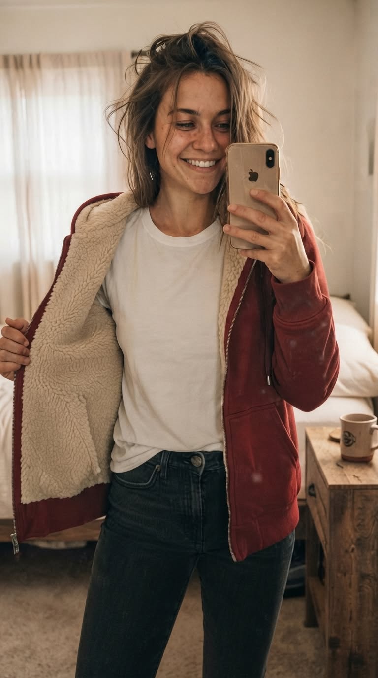 Sherpa-lined zip hoodie styled for errands