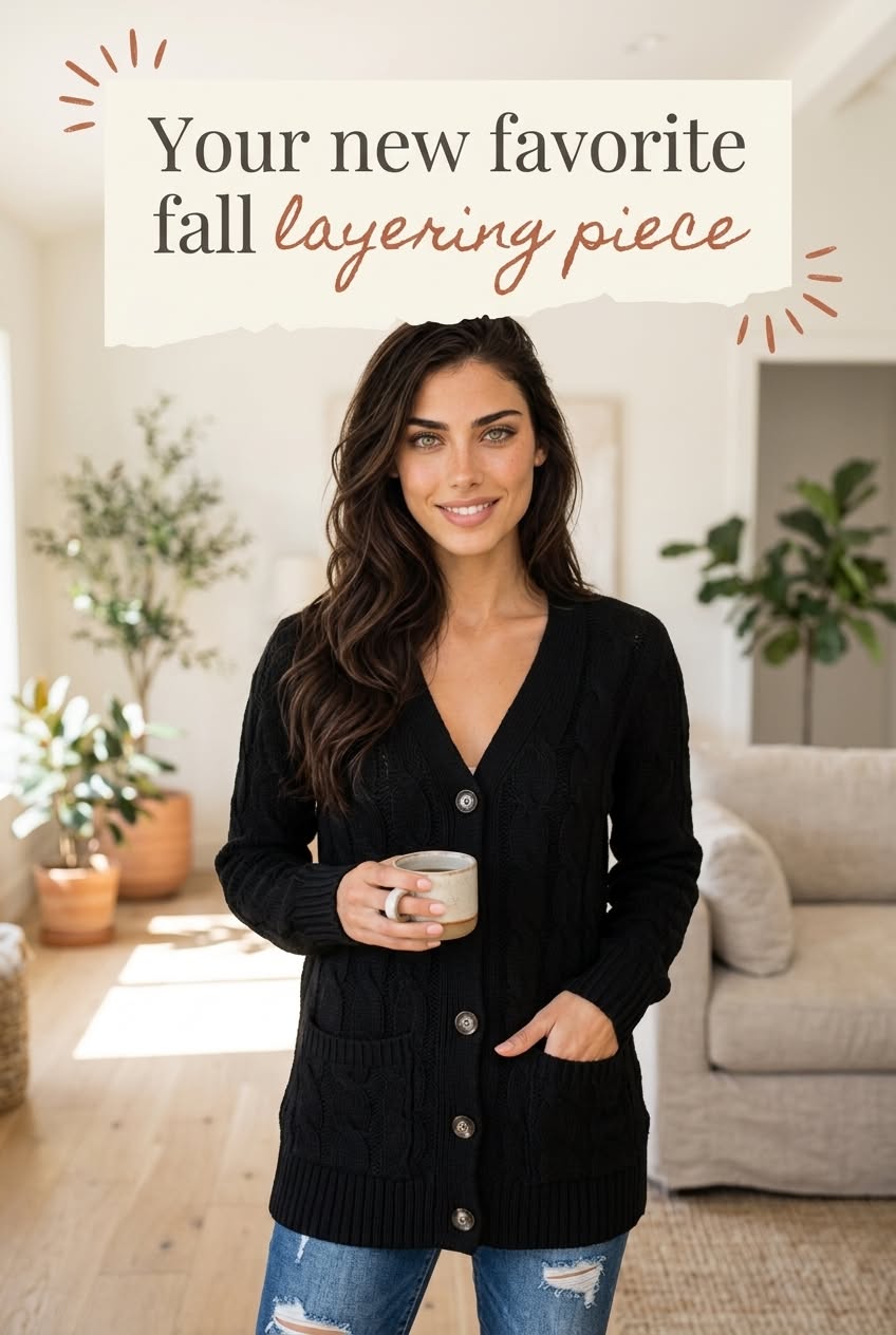 Black cable knit cardigan layered for an office look