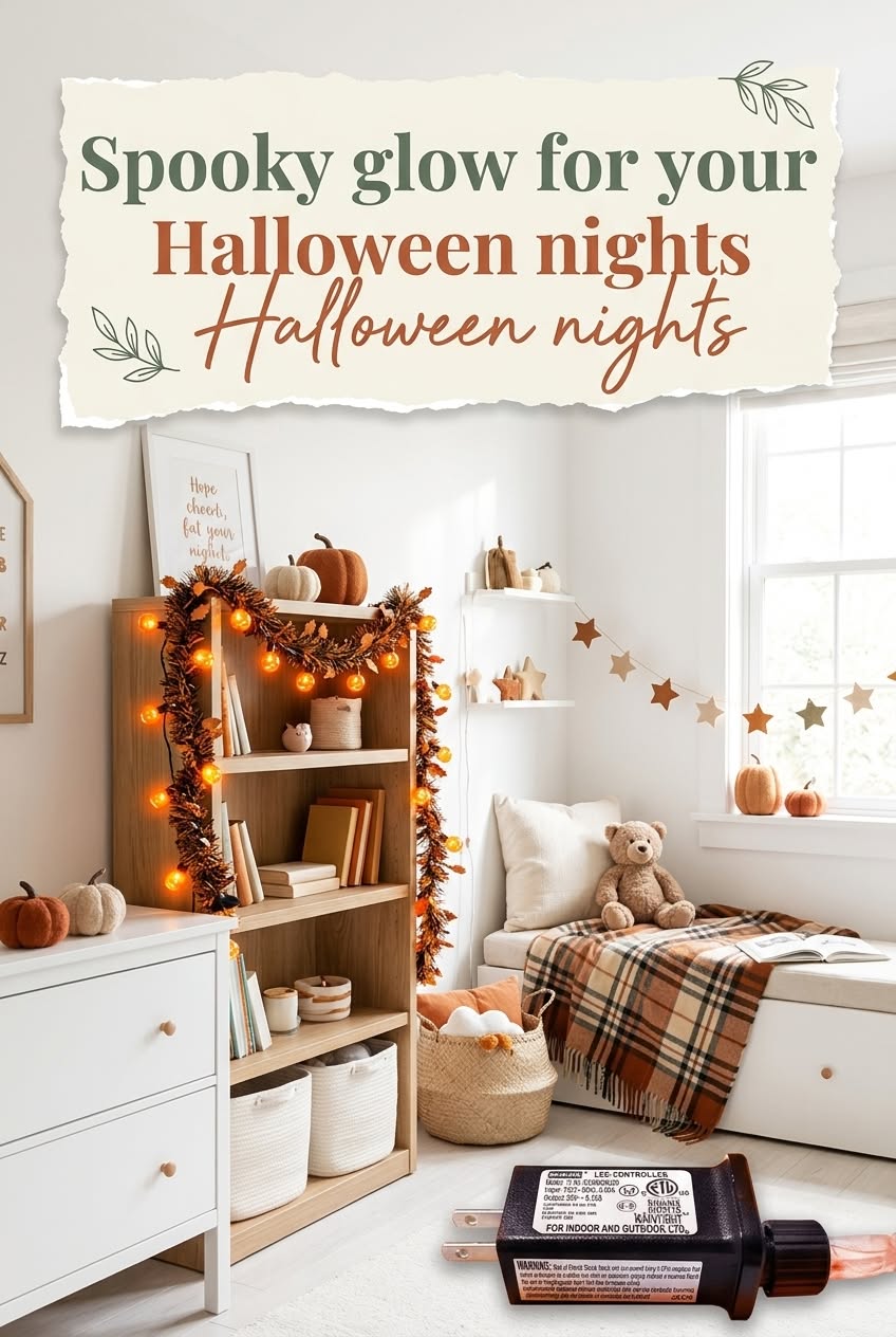 Halloween string lights giving a soft glow to a bedroom corner