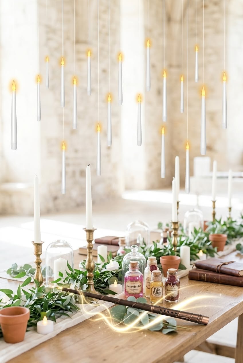 Flameless floating taper candles hanging above a room