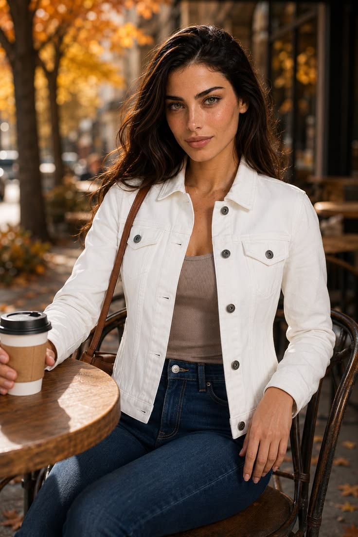 White denim jacket over a black top with a plaid skirt