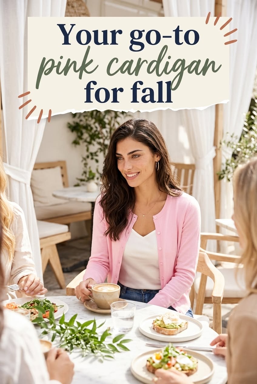 Pink round-neck cardigan styled for a fall day