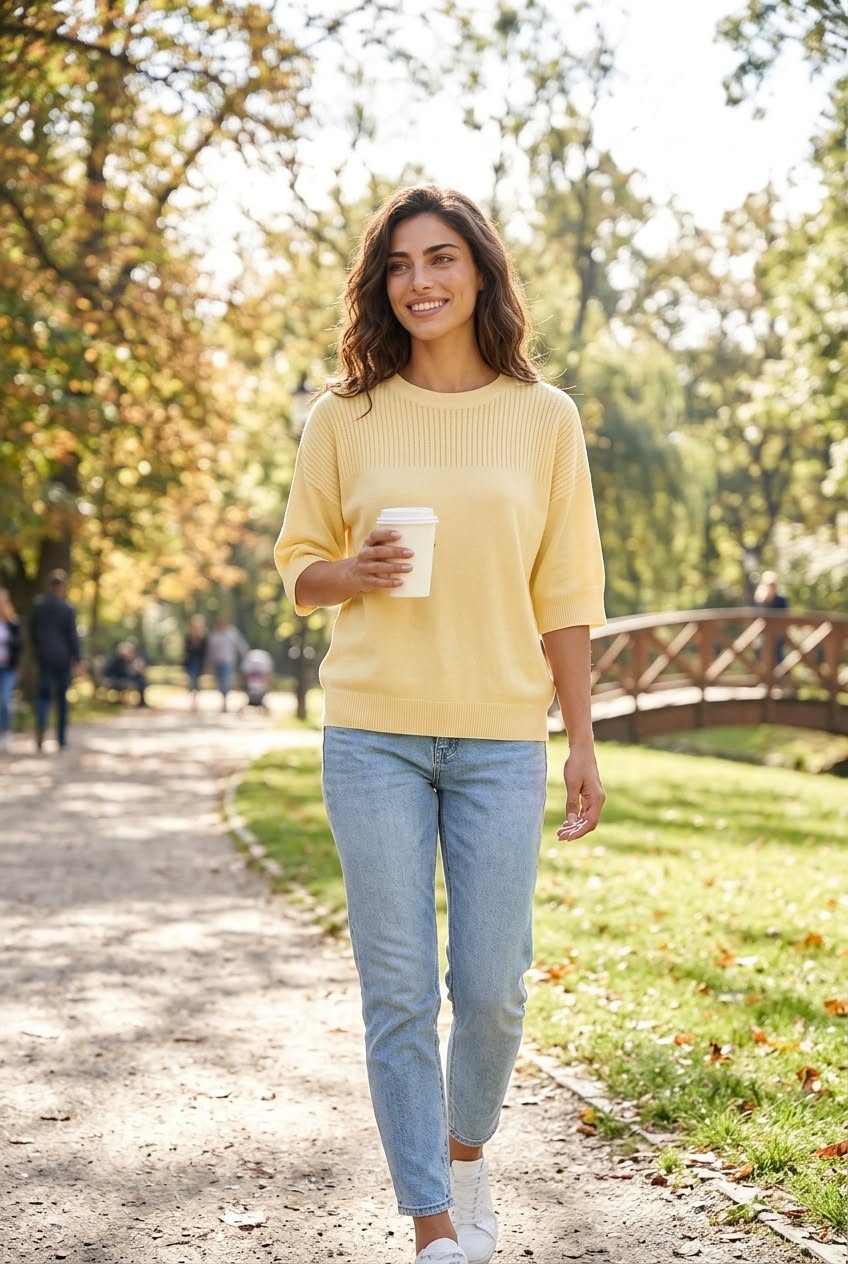 Light yellow knit top styled with denim for fall