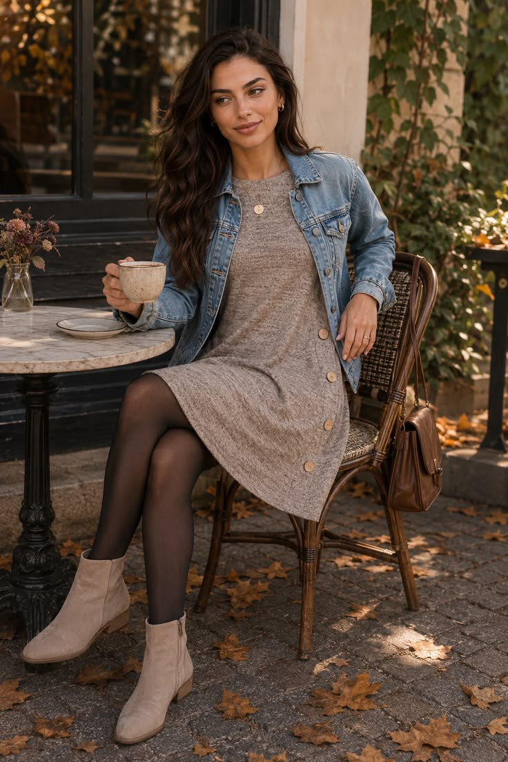 Tunic dress with a denim jacket, tights and ankle boots