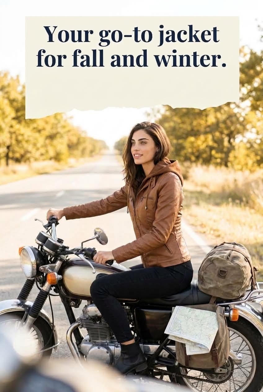 Hooded faux leather moto jacket styled for fall
