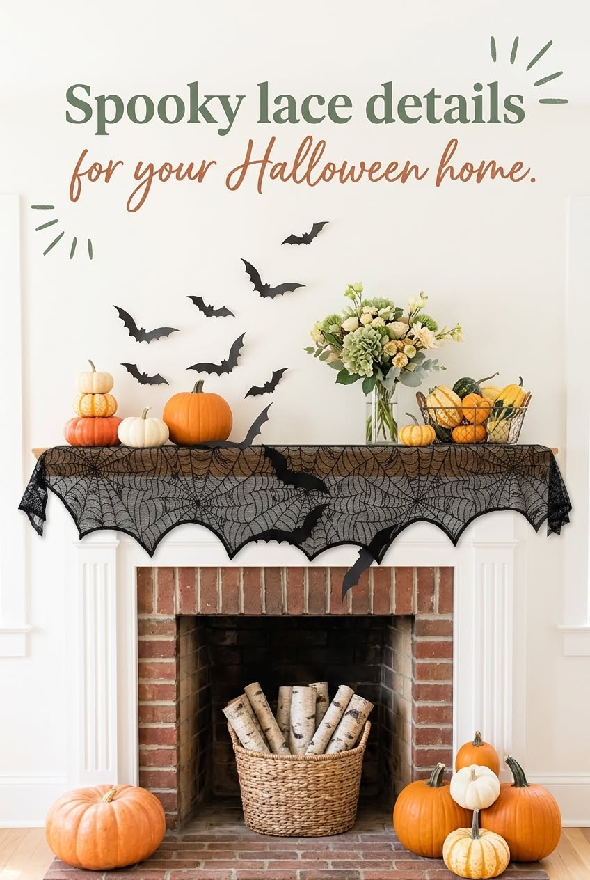 Black lace spiderweb scarf draped over a fireplace mantel