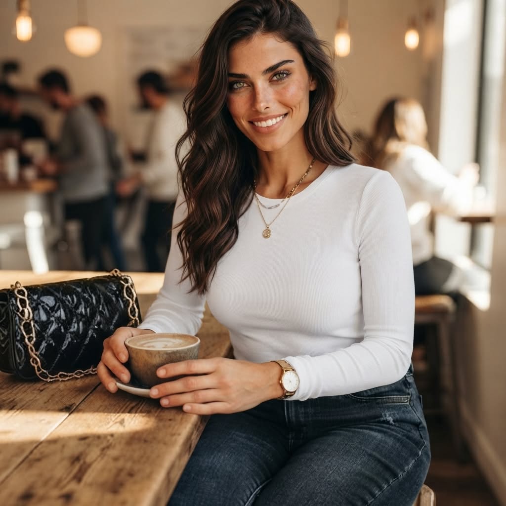 Slim-fit long-sleeve crewneck tee with jeans