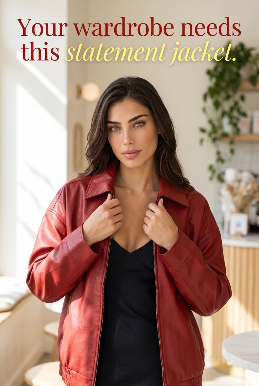 Red oversized jacket styled over a dress