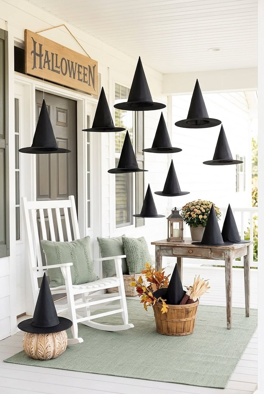 Black witch hats hanging from a porch ceiling