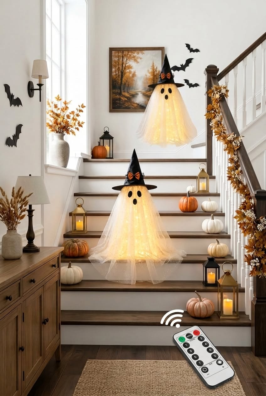 Two light-up ghost decorations on a staircase