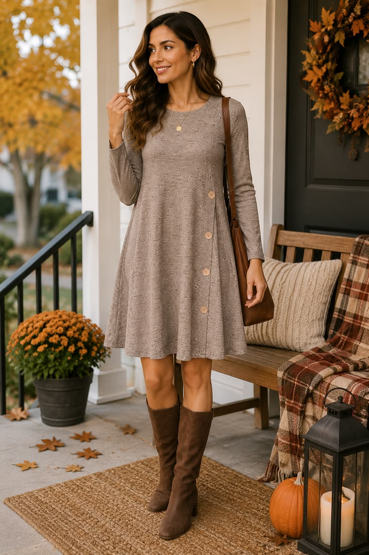 Tunic dress styled with tights and boots for an autumn look