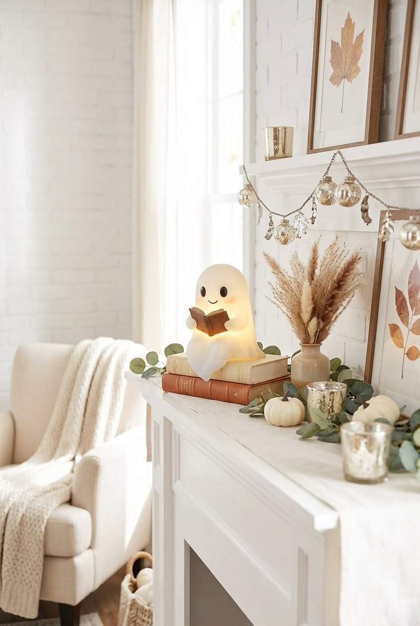 Small ghost lamp figurine reading a book on a cozy shelf