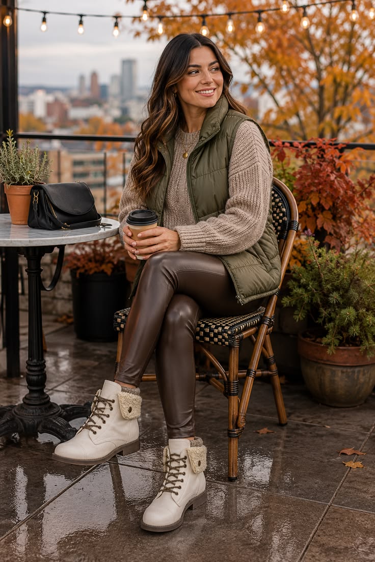 Cream ankle boots with leggings, a knit sweater and an olive quilted vest