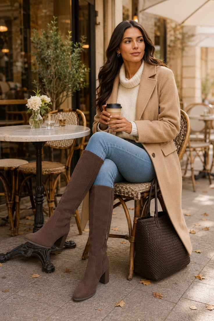 Brown knee-high boots with a neutral sweater dress and cropped jacket
