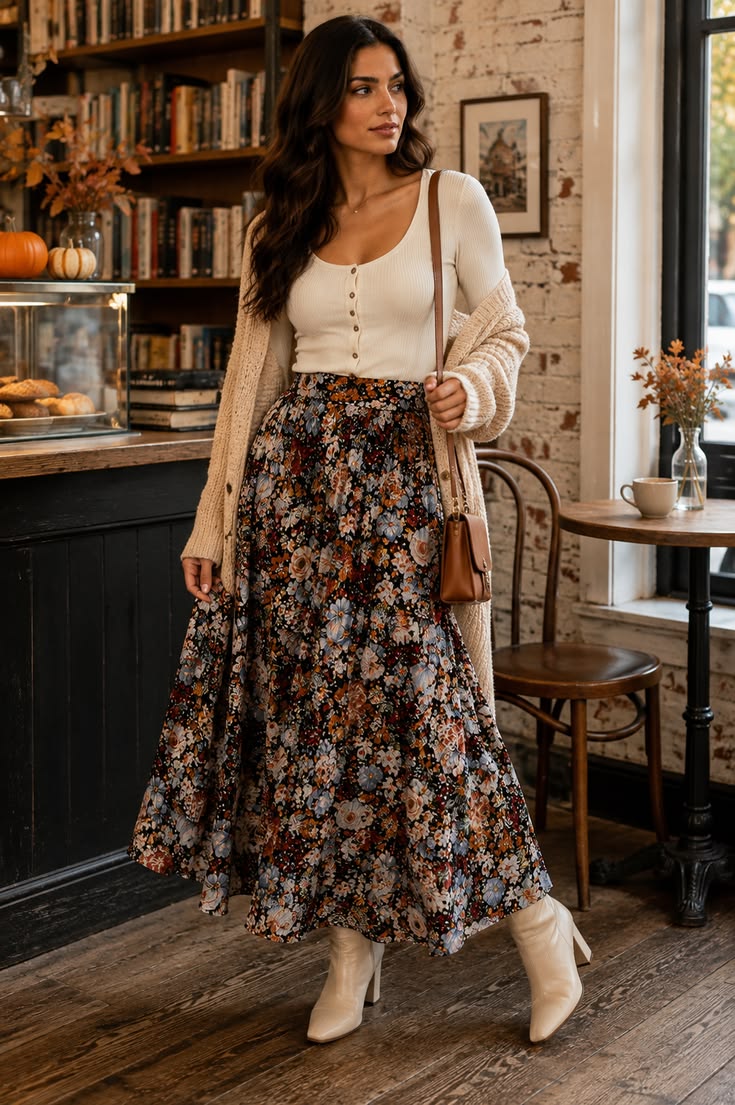 Floral chiffon A-line maxi skirt worn with a cozy sweater