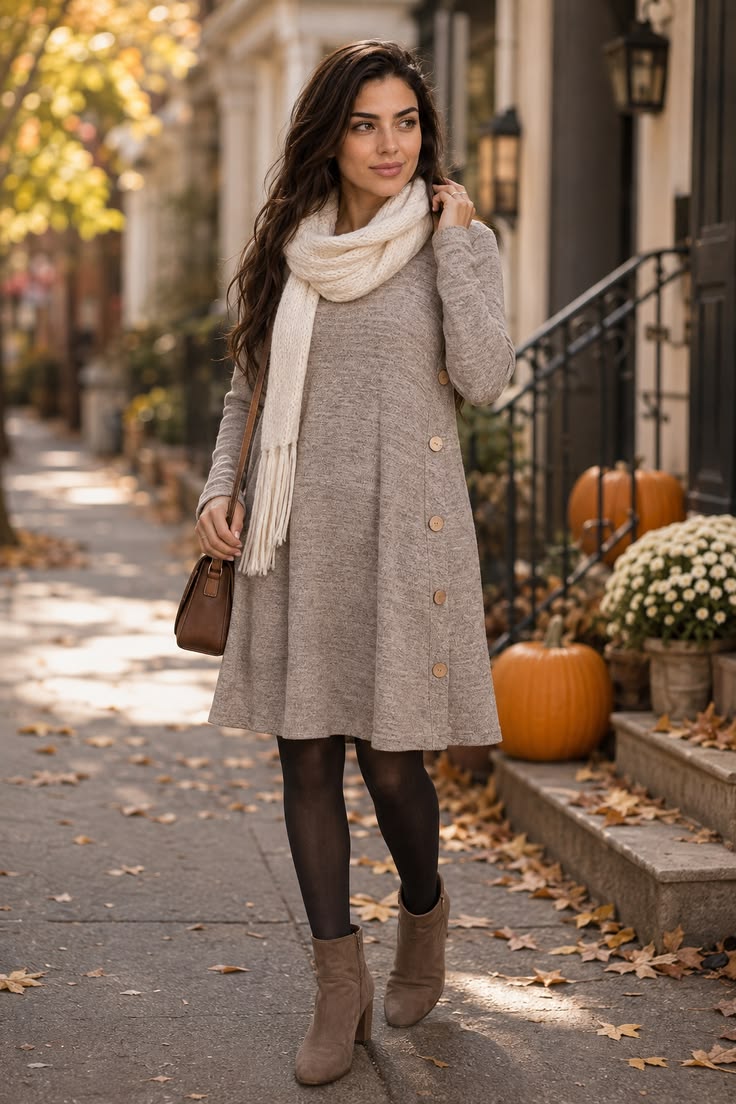 Tunic dress with a soft scarf, tights, ankle boots and a crossbody bag