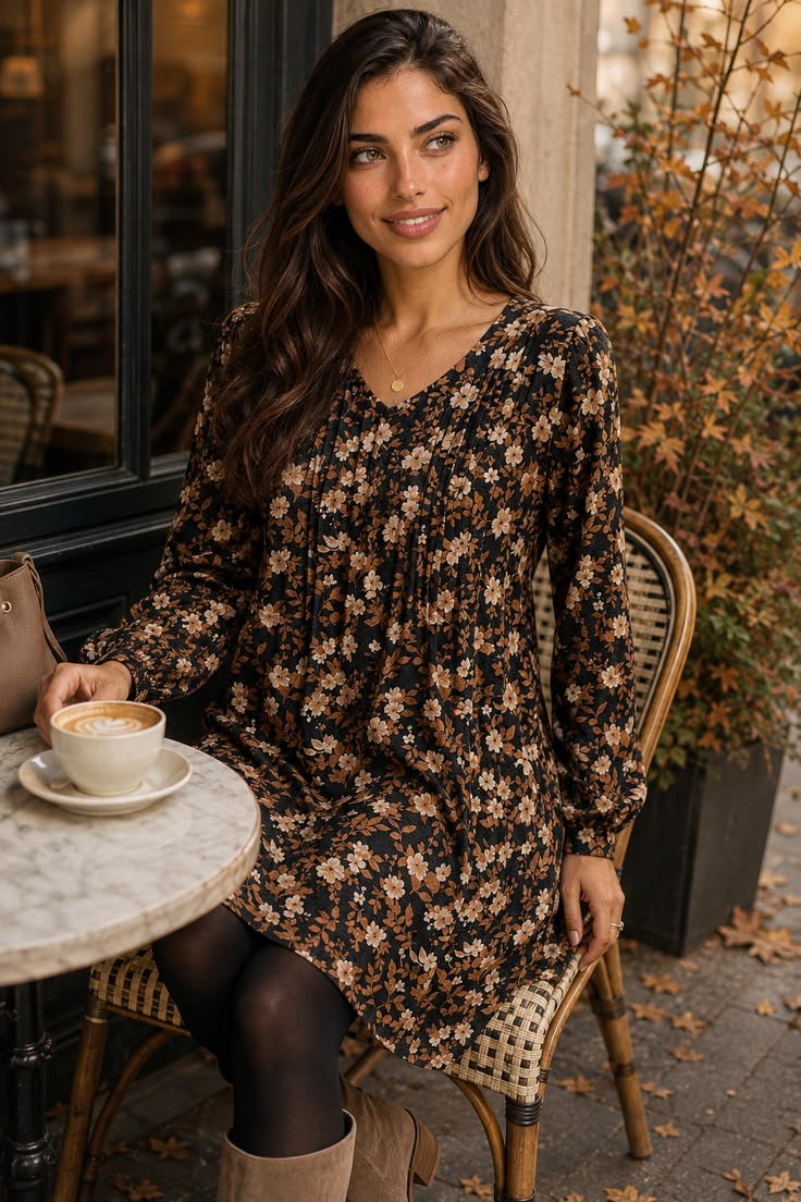 Black floral dress with tights and ankle boots for a café outfit