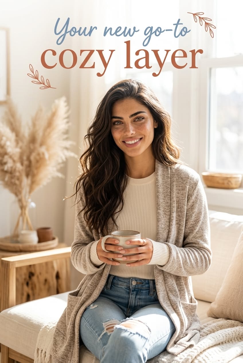 Lightweight long open-front cardigan with pockets over jeans