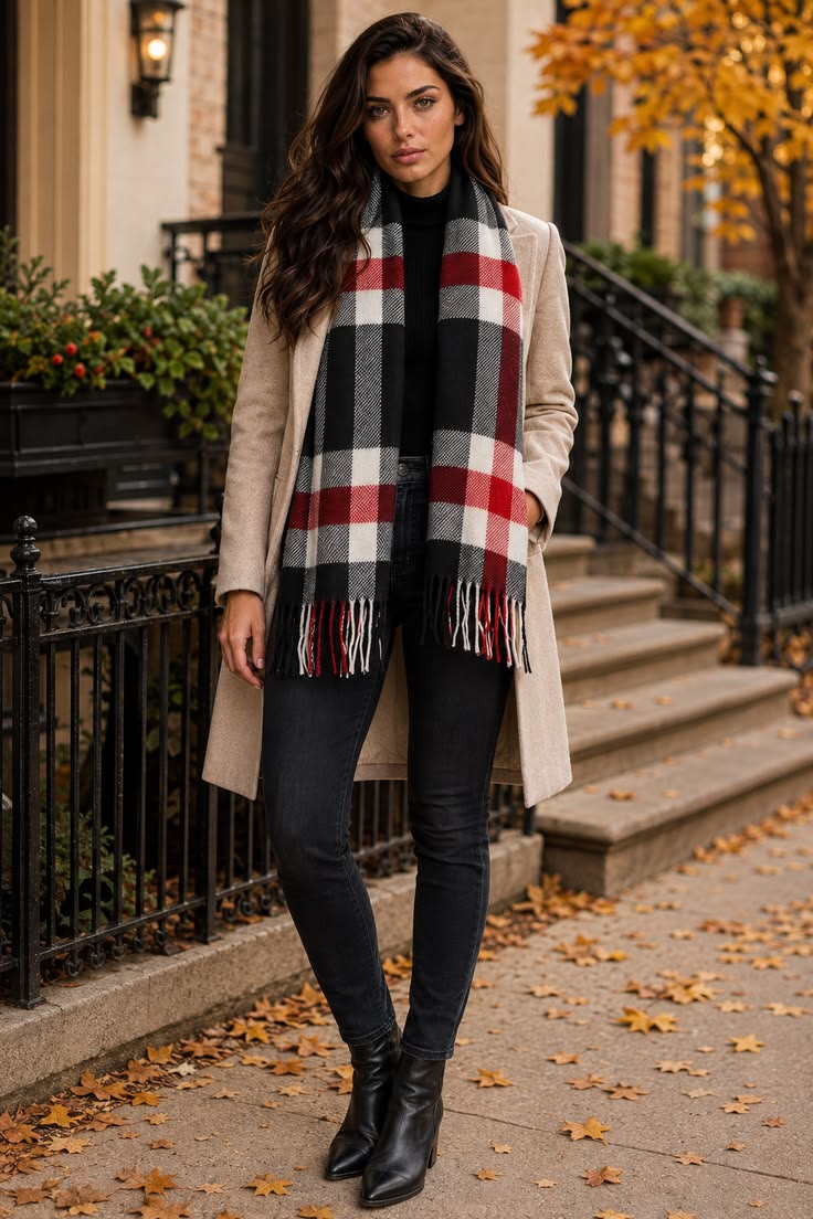 Red, black and white plaid scarf with a black top and neutral coat