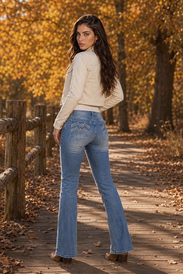 Back view of bootcut jeans showing decorative stitched pockets