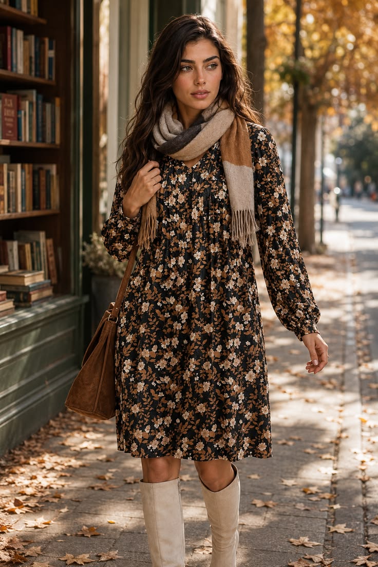 Black floral long-sleeve dress styled with a scarf and tall boots