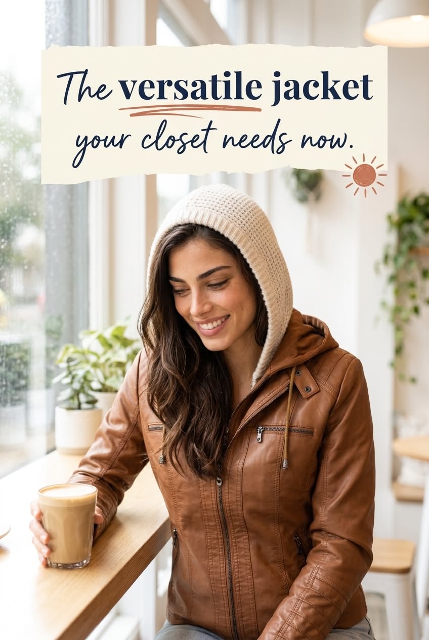 Brown faux leather jacket with a removable knit hood