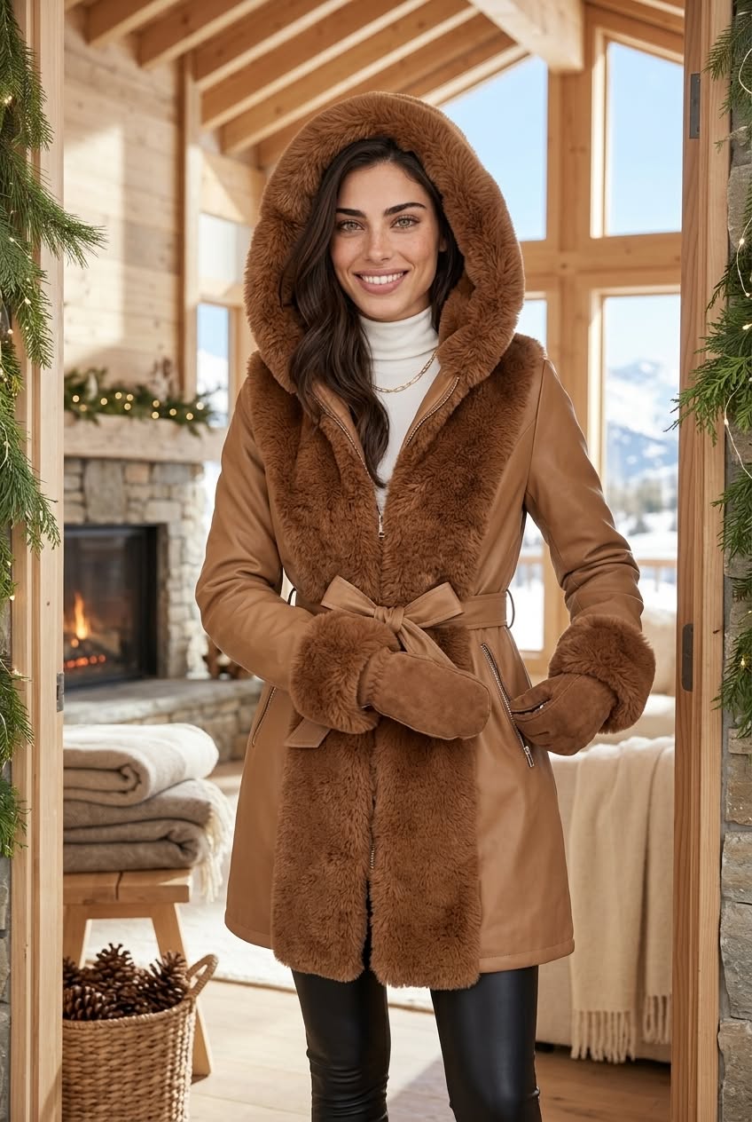 Woman wearing a belted fur-lined faux leather coat in winter