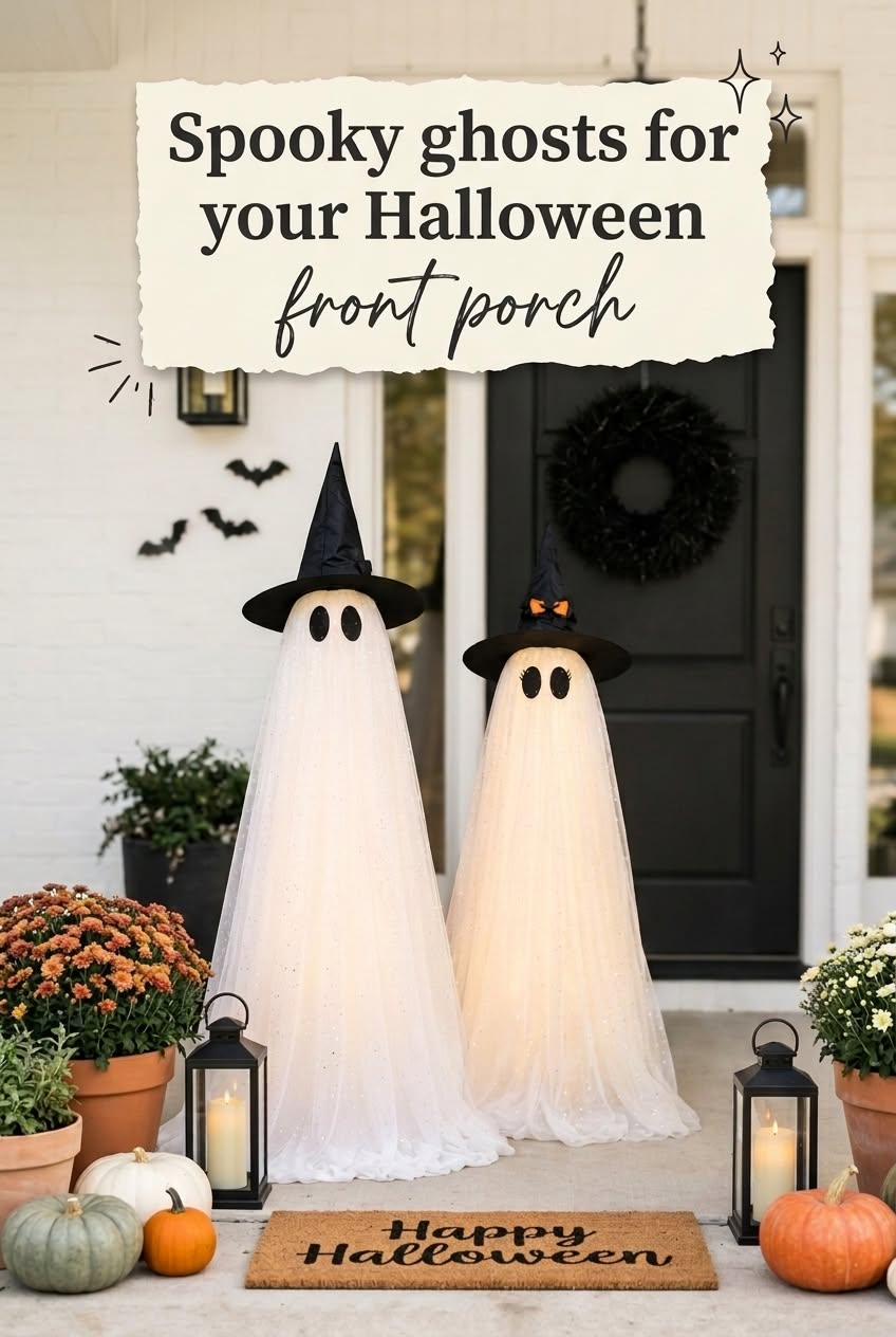 Two tall ghost decorations wearing witch hats on a front porch