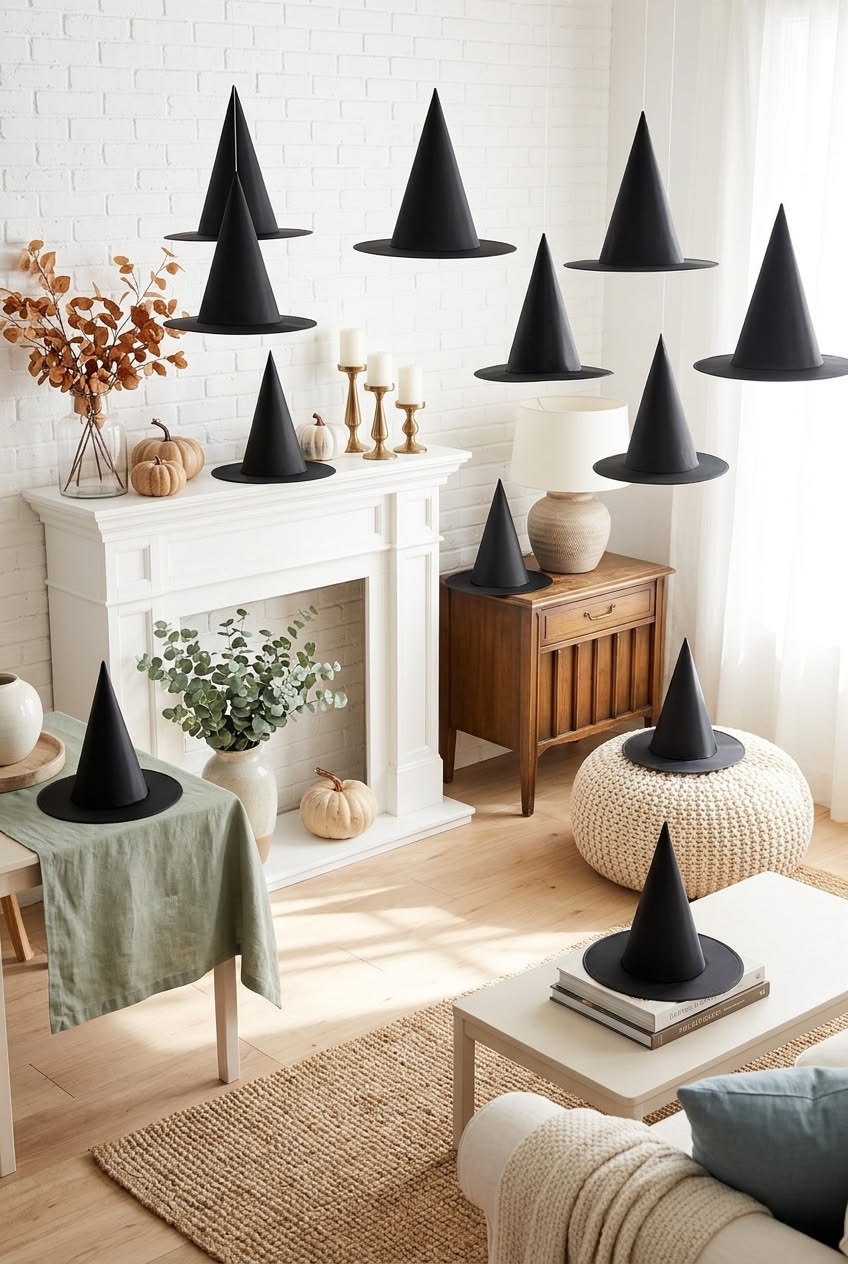 Witch hats hanging from the ceiling indoors at different heights