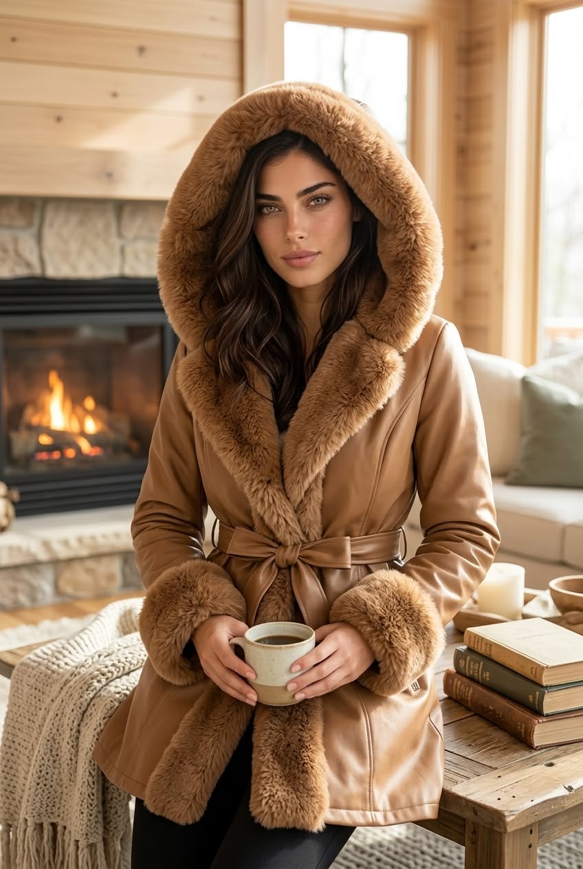 Belted fur-lined faux leather coat in a winter setting
