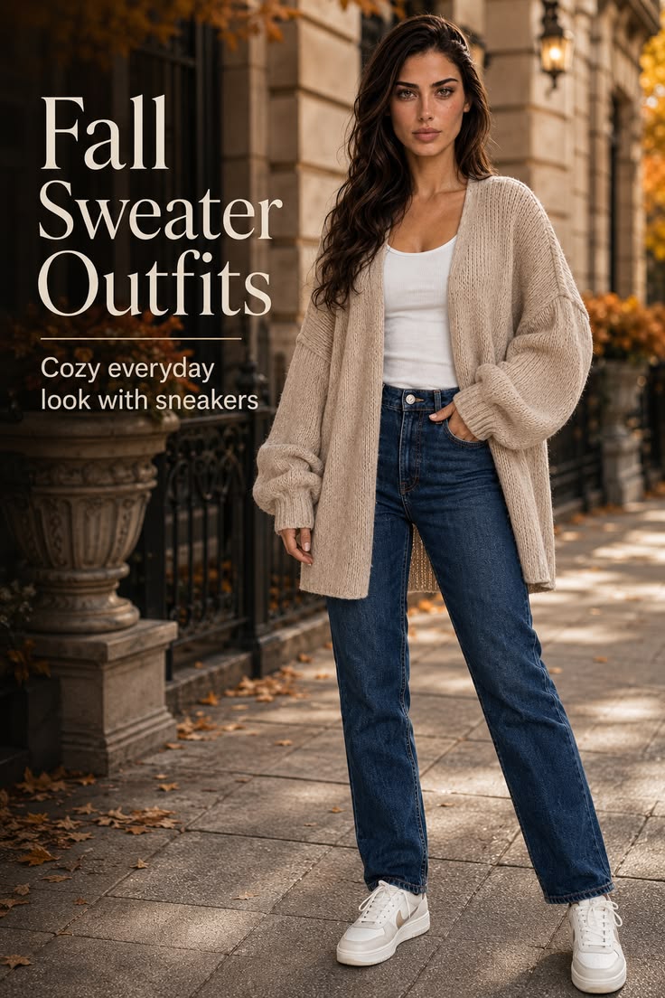 Oversized open-front cardigan with jeans and sneakers