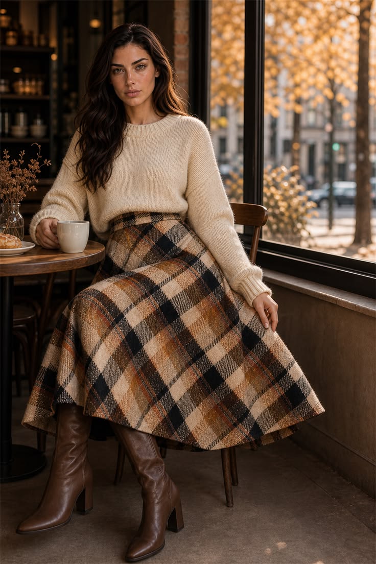 Diagonal plaid A-line skirt with a cream sweater and tall brown boots