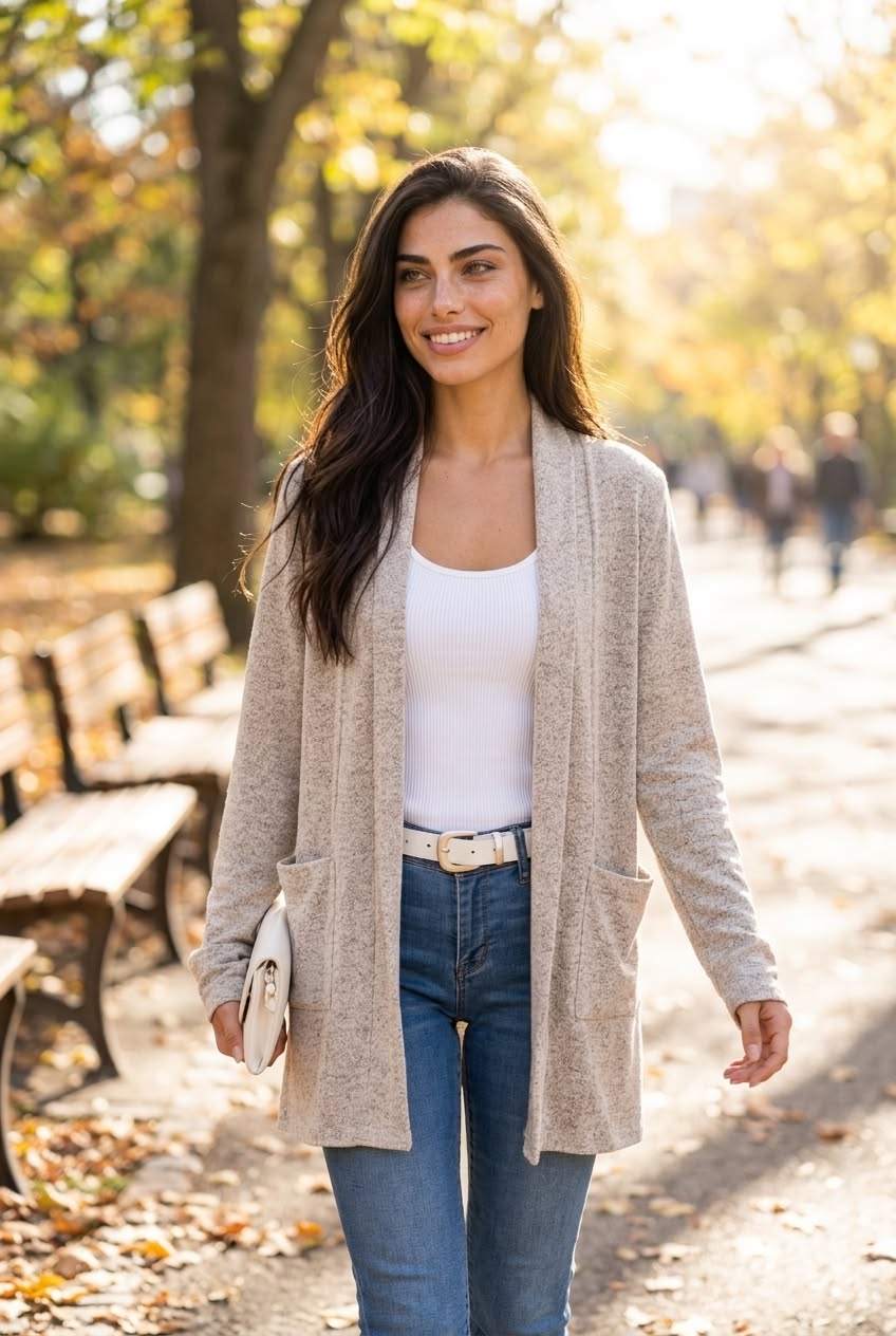 Long lightweight cardigan styled for an autumn walk