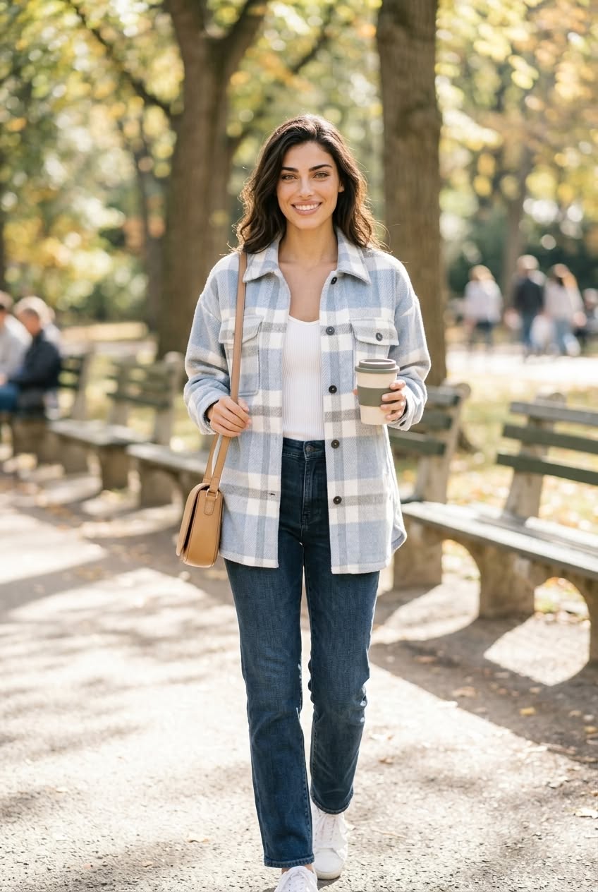 Plaid shacket layered over a simple top for fall