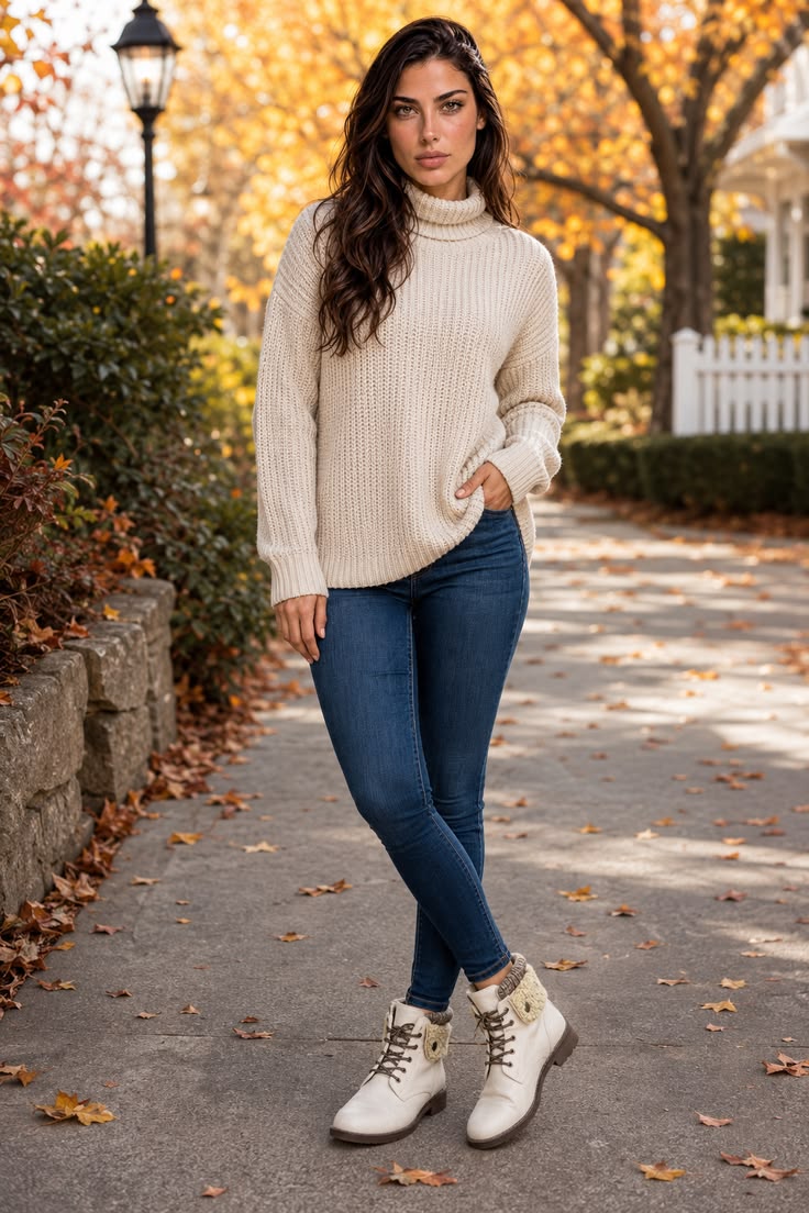 Cream ankle boots with fitted jeans and a chunky knit sweater