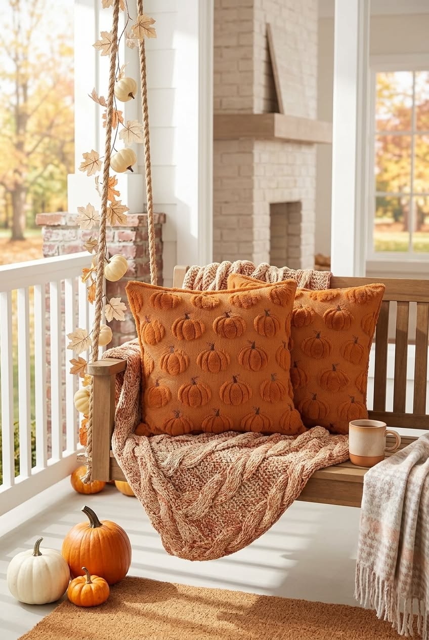 Pumpkin pillows on a porch swing