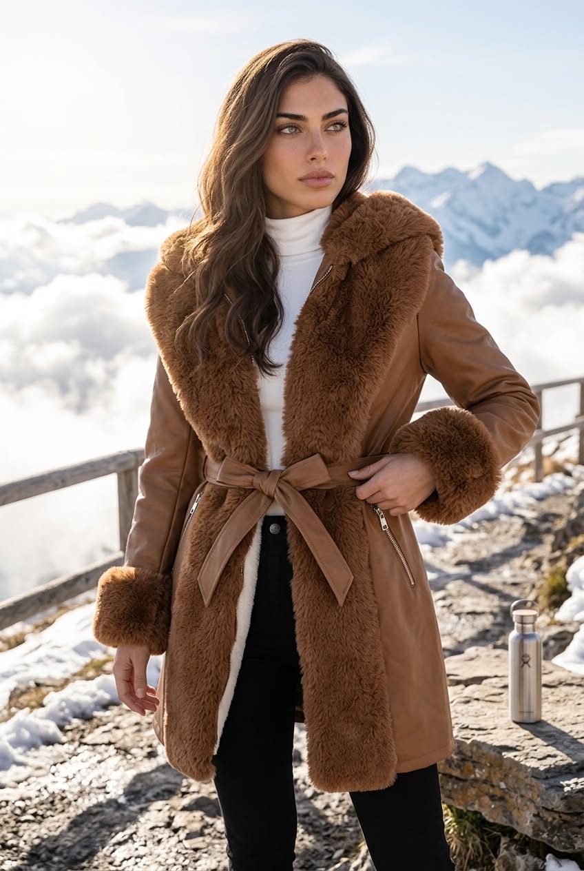Fur-lined faux leather winter coat with a belt and hood
