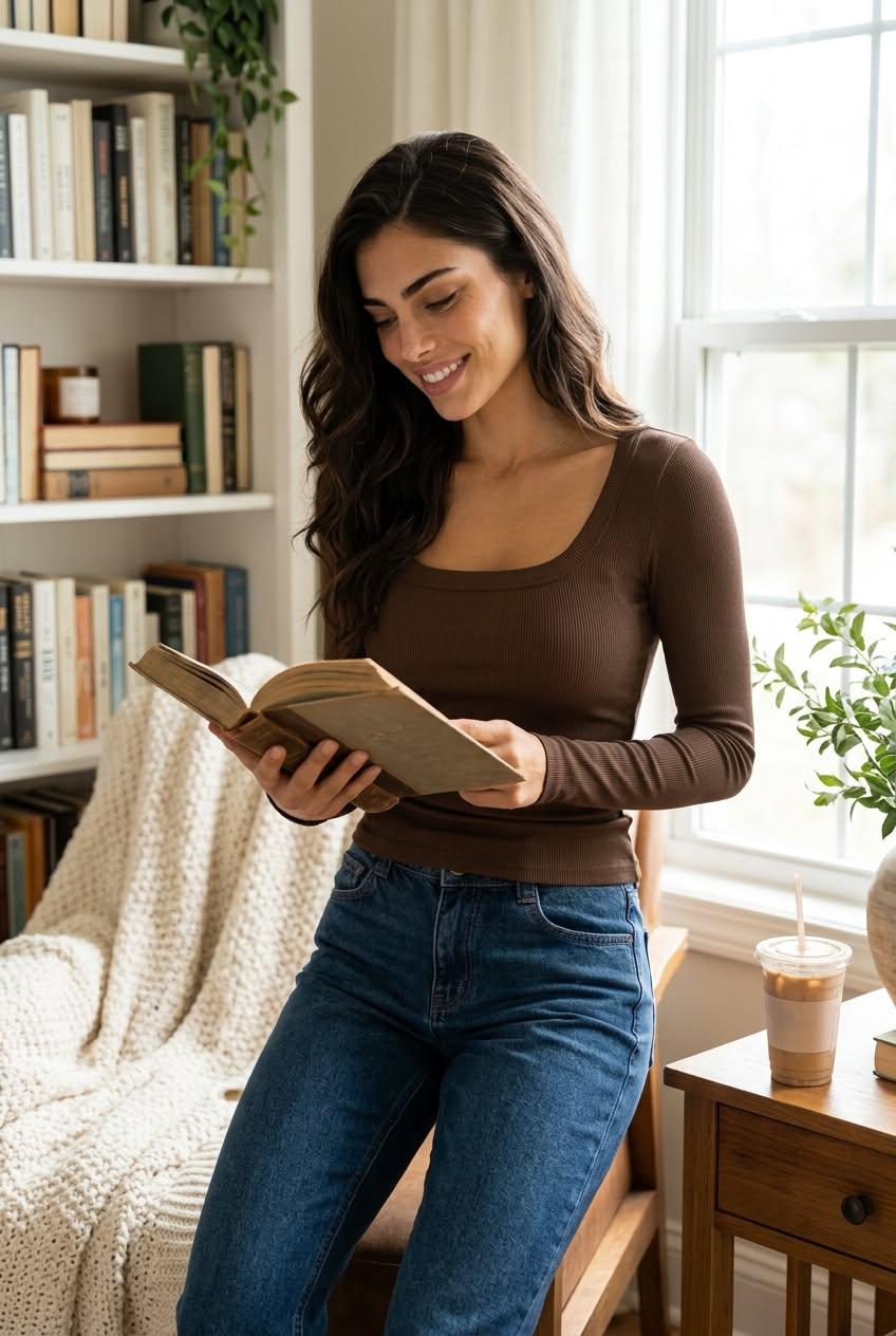 Ribbed long-sleeve slim top styled for a cozy fall day