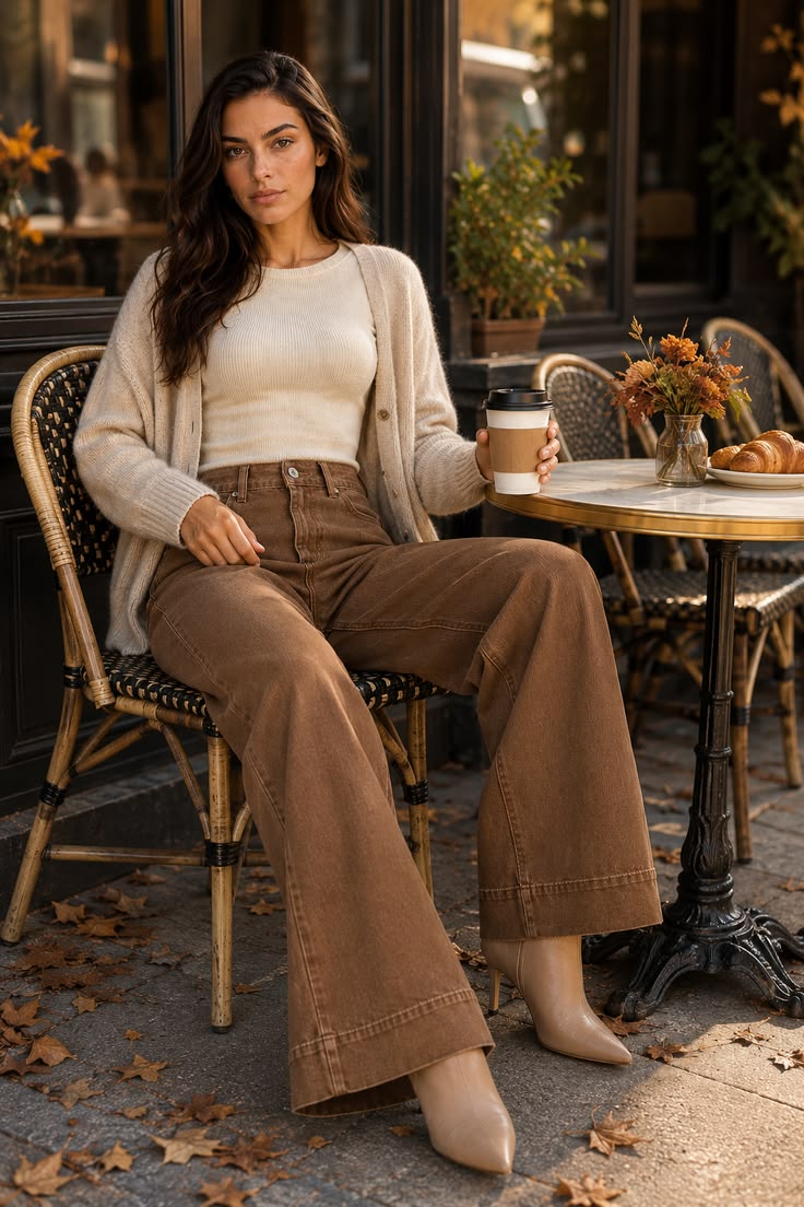 Brown high-waisted wide-leg jeans with a cream knit top and cardigan