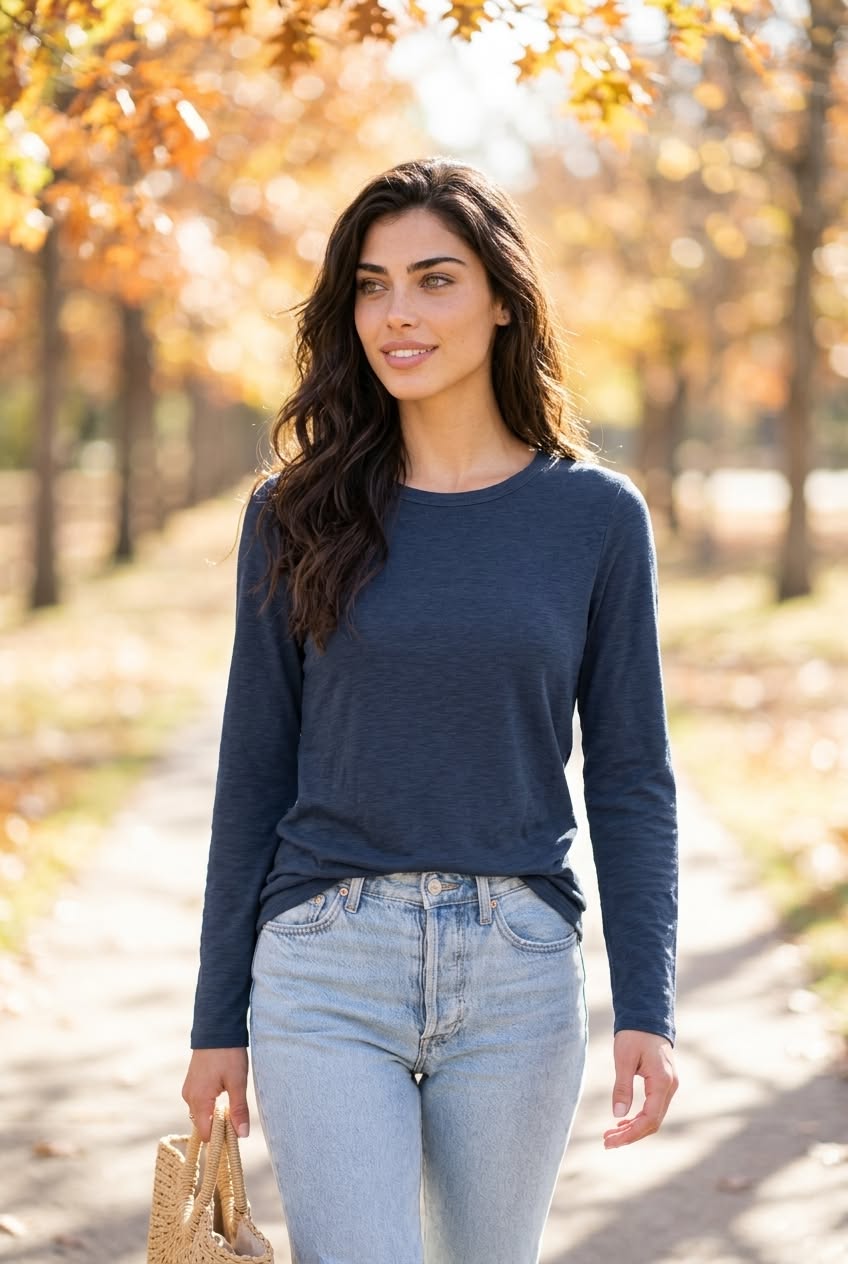 Long-sleeve crewneck top worn on its own for a fall walk