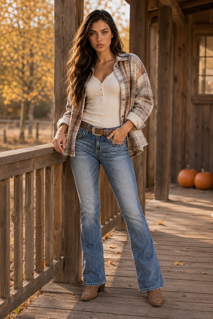 Fall Jeans Outfits: Bootcut and Wide-Leg Ideas Mid blue bootcut jeans with a cream top, plaid overshirt and brown boots