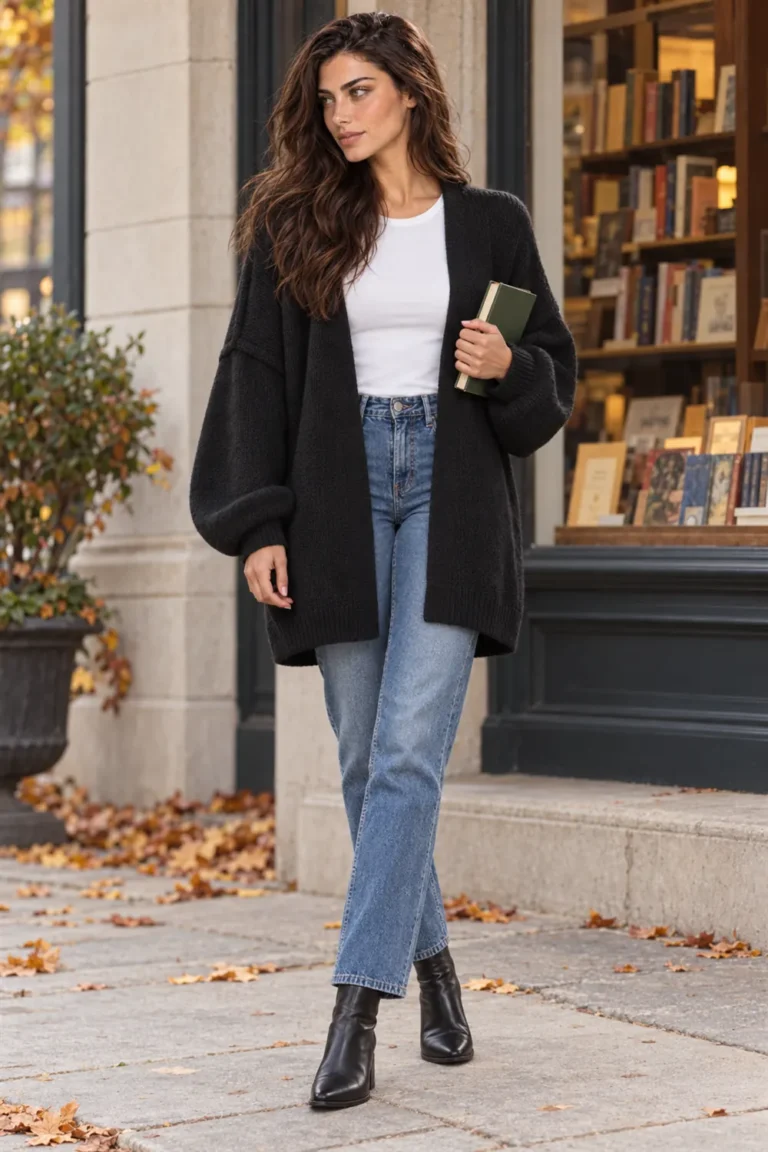 Woman browsing a bookstore in the ATHMILE black oversized open-front cardigan