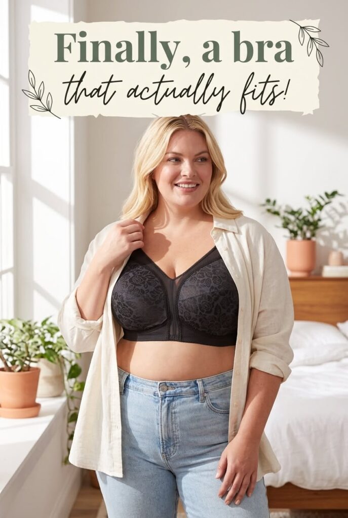 Black floral lace full-coverage wireless bra with wide straps in a bright bedroom