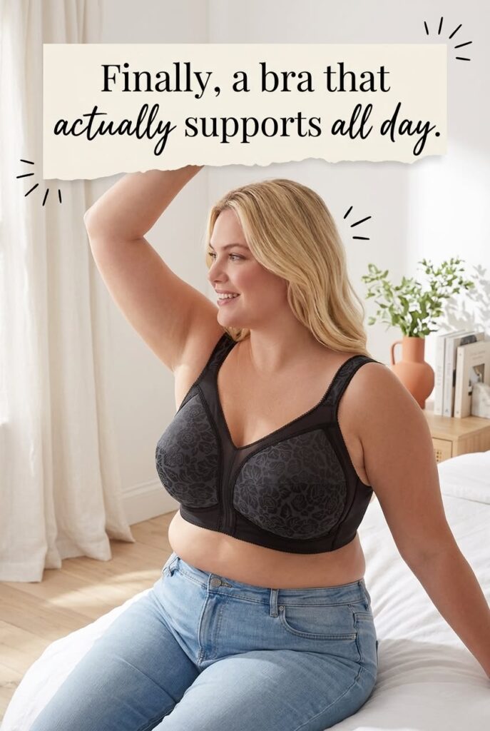 Black floral lace full-coverage bra worn with jeans in a sunlit bedroom