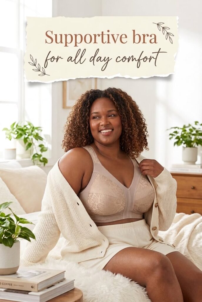 Nude toffee full-coverage wireless bra with wide straps in a cozy bedroom