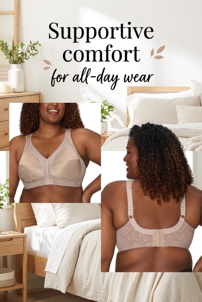 Toffee floral lace wireless bra front and back view with wide straps
