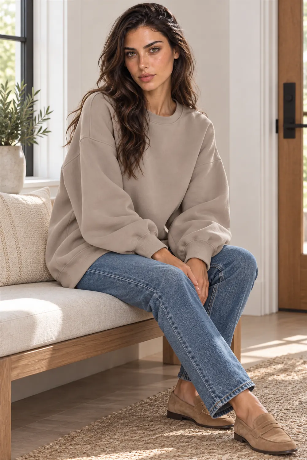 EFAN drop-shoulder crewneck sweatshirt worn with leggings in an entryway