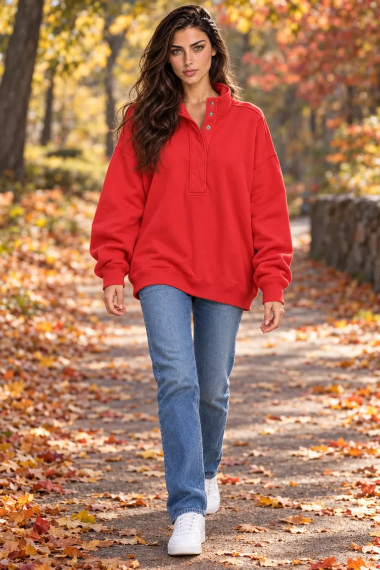 Woman in the Gacaky red oversized Henley sweatshirt on a park path
