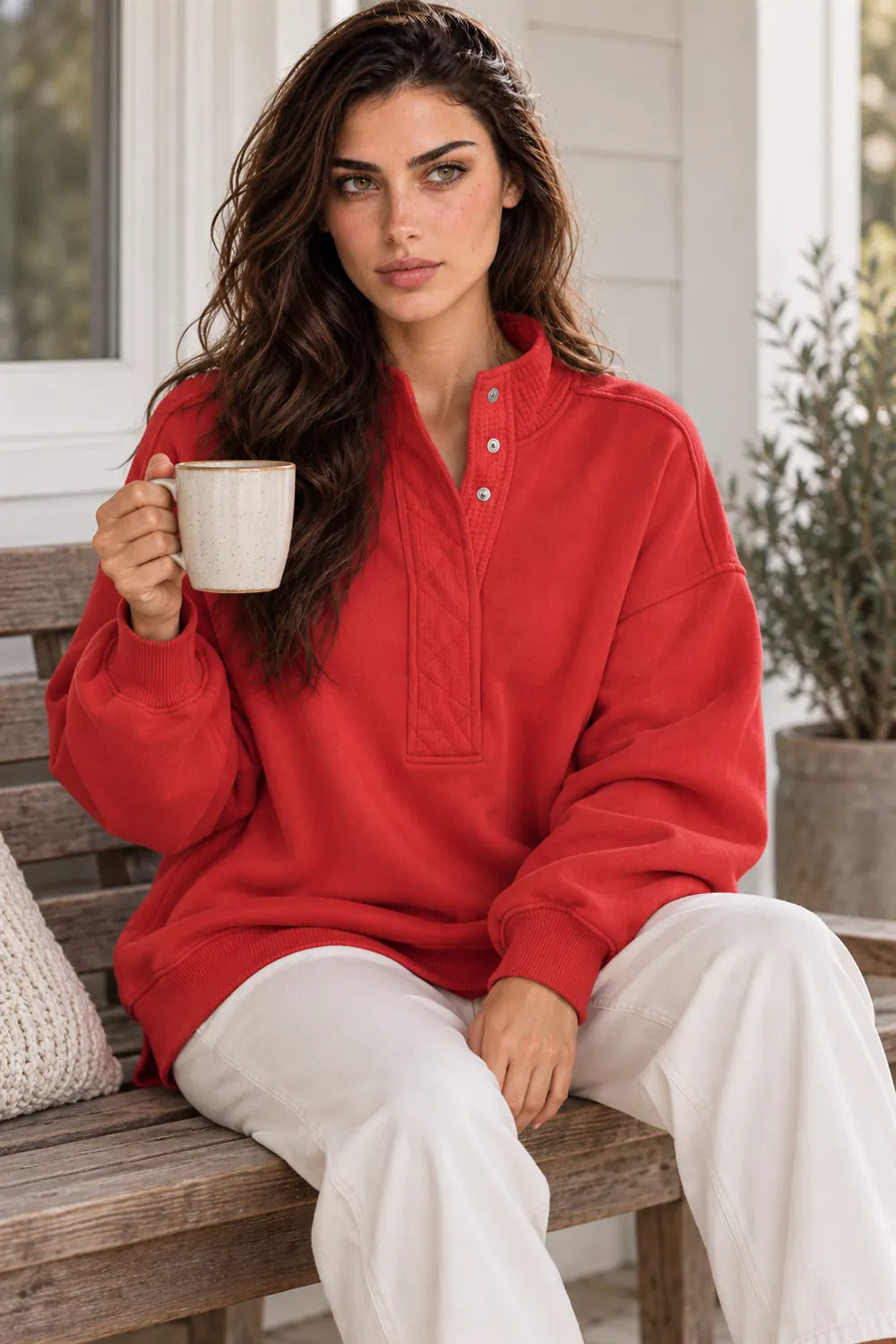 Gacaky red Henley pullover worn on a front porch